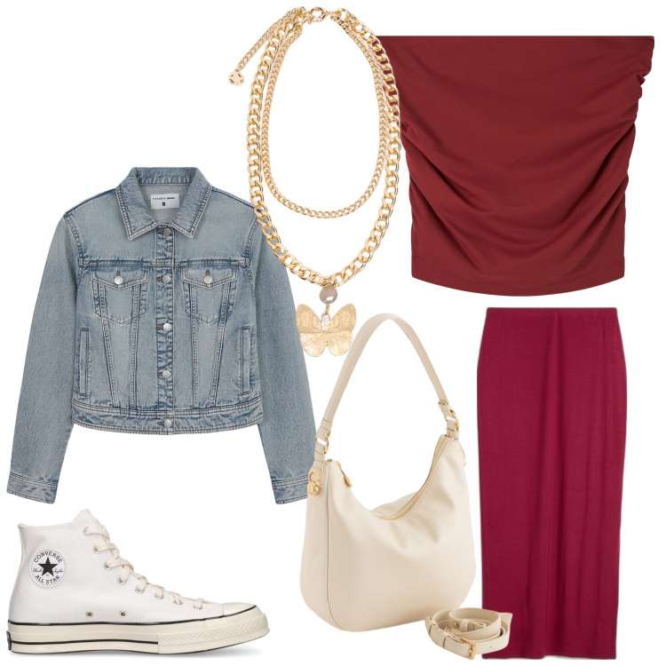 Outfit donna - oro e burgundy. Stile Sporty chic per Serata fuori. Abbinamento con gonne, top, blazer, sneakers, borse a tracolla, collane.