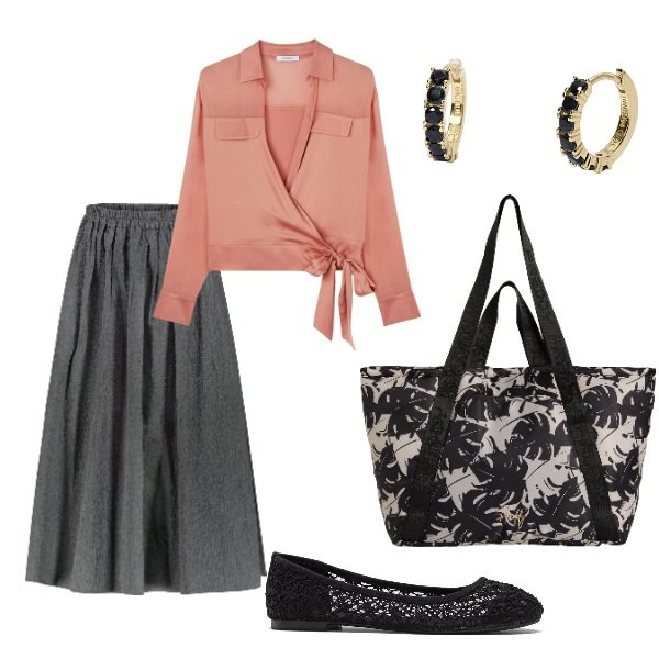 Outfit donna - A spasso per la città. Stile Casual chic per Tutti i giorni. Abbinamento con ballerine, orecchini, shopping bag, gonne, camicie.