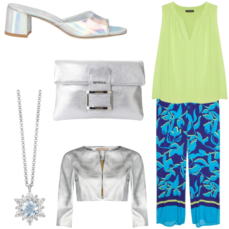 Outfit donna - Total look #2114255. Stile Casual chic per Serata fuori. Abbinamento con sandali in pelle, collane, bolero, pochette, pantaloni a palazzo, top.