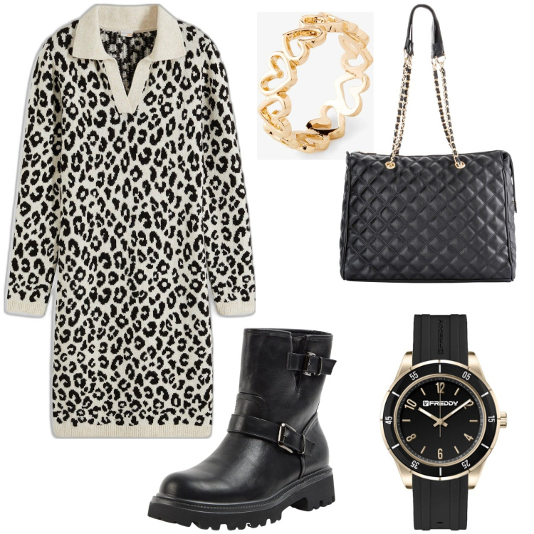 Outfit donna - Total look #2114259. Stile Urban per Tutti i giorni. Abbinamento con shopping bag, anelli, vestiti, stivaletti, orologi.
