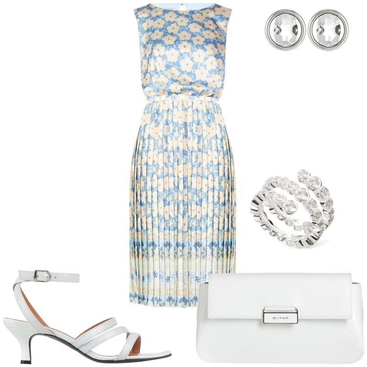 Outfit donna - Cerimonia di mattina. Stile Chic per Cerimonia. Abbinamento con sandali in pelle, borse a mano, vestiti midi/longuette, orecchini, anelli.