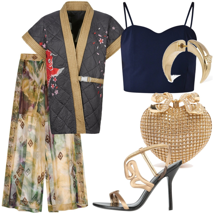 Outfit donna - Geisha 2025. Stile Glamour per Cerimonia. Abbinamento con sandali in pelle, canottiere, pantaloni a palazzo, kimono, orecchini, pochette.