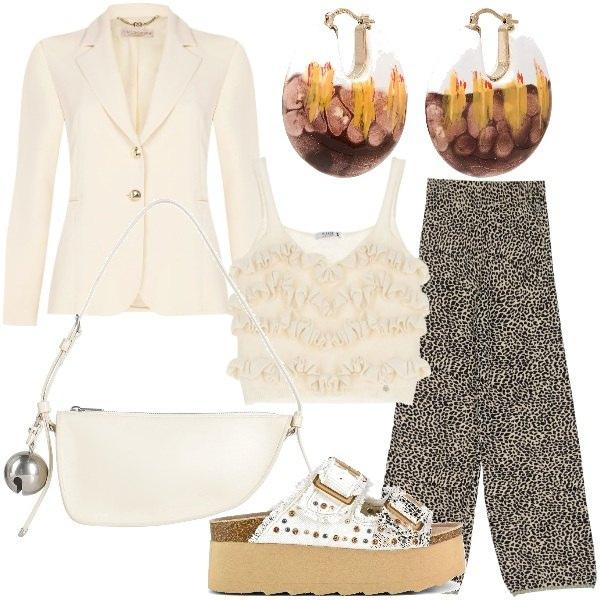 Outfit donna - Accessori statement per la primavera. Stile Glamour per Serata fuori. Abbinamento con borse a mano, orecchini, blazer, top, pantaloni, sandali.