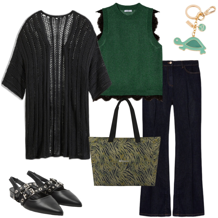 Outfit donna - In città. Stile Casual chic per Ufficio. Abbinamento con cardigans, sabot, shopping bag, jeans, top, portachiavi.