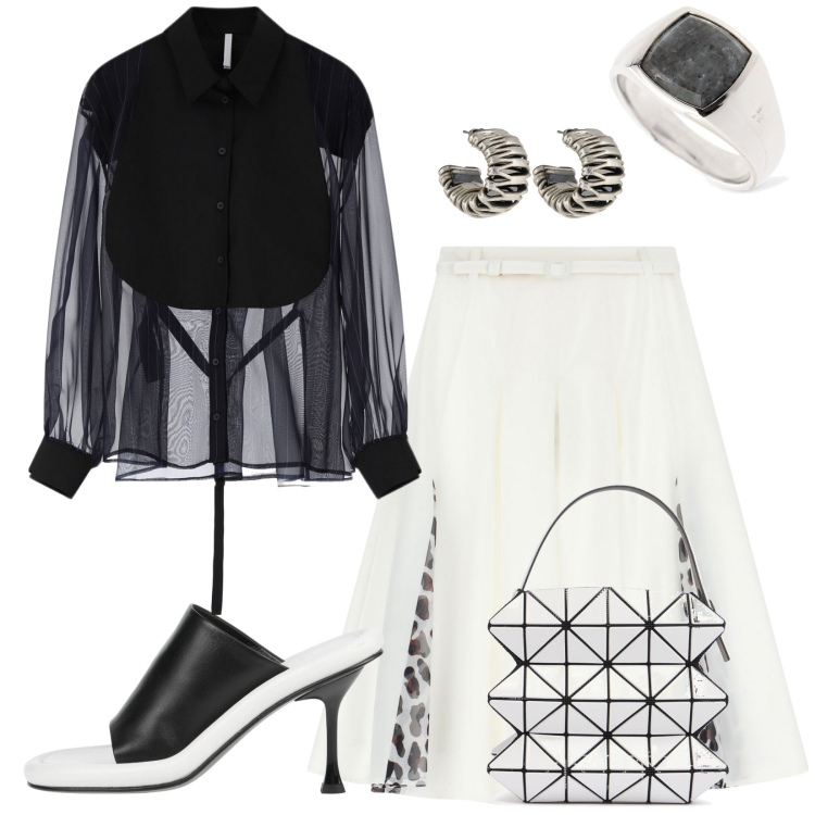 Outfit donna - Black and White. Stile Chic per Serata fuori. Abbinamento con sandali in pelle, camicie, gonne, orecchini, borse a mano, anelli.