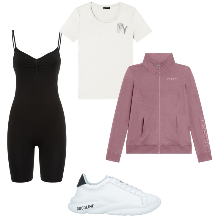 Outfit donna - Fitness. Stile Sporty chic per Sport. Abbinamento con sneakers, t-shirt, felpe sportive, tuta corta.