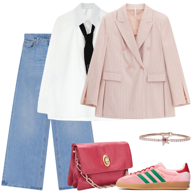 Outfit donna - La giacca rosa. Stile Casual chic per Scuola/Università. Abbinamento con braccialetti, jeans a zampa, camicie, blazer, sneakers, borse a tracolla.