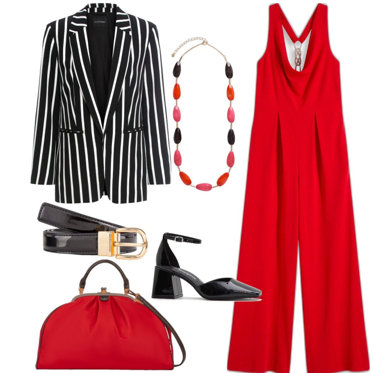 Outfit donna - La tuta rossa. Stile Chic per Tutti i giorni. Abbinamento con tute, blazer, décolleté, borse a spalla, cinture, collane.