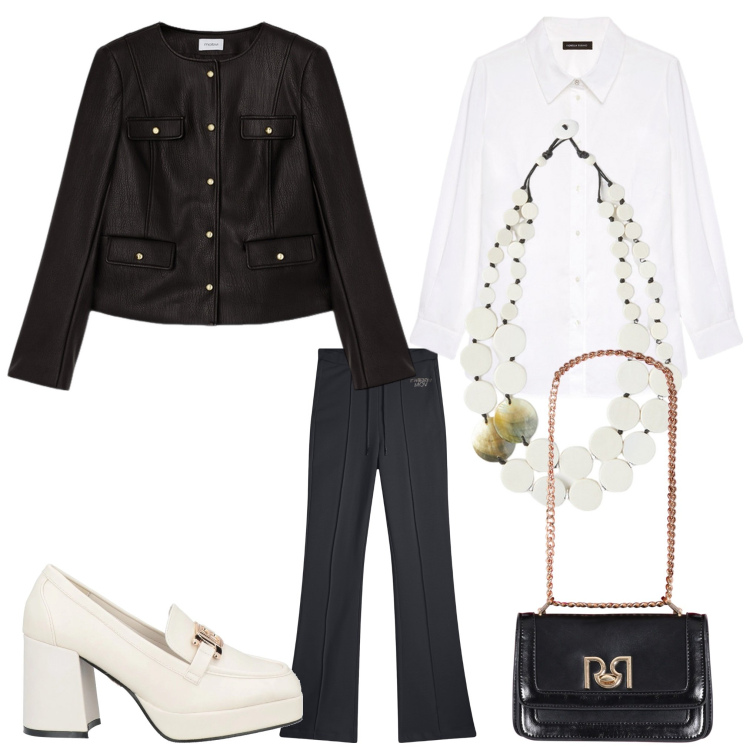 Outfit donna - Che eleganza. Stile Chic per Serata fuori. Abbinamento con mocassini, borse a tracolla, pantaloni, camicie, blazer, ciondoli.