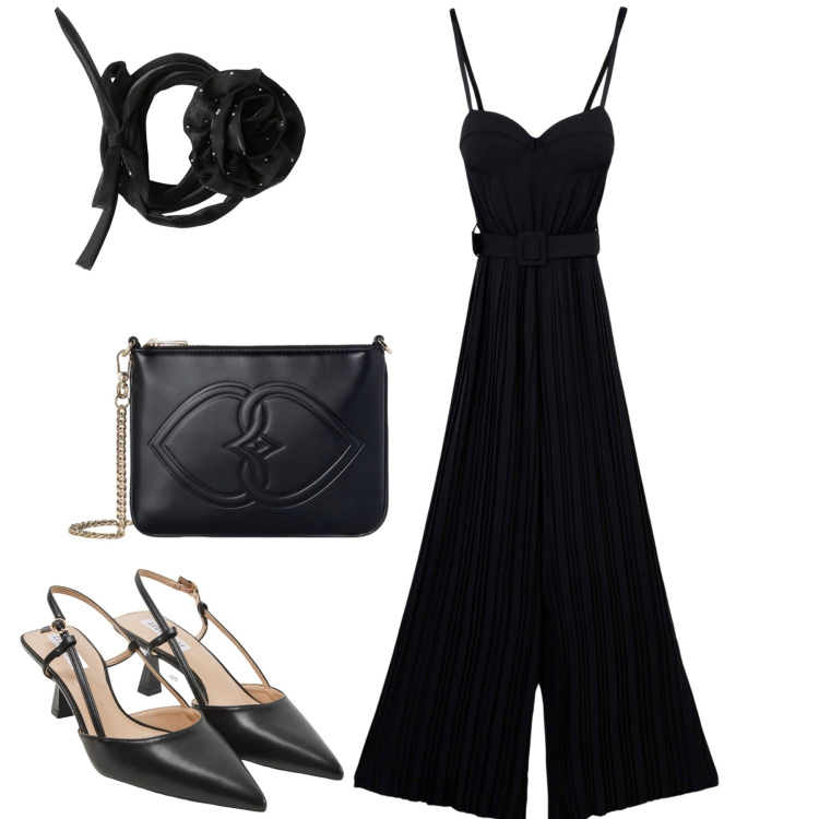 Outfit donna - La tuta plissè. Stile Minimal per Tutti i giorni. Abbinamento con collane, sabot, tute, pochette.