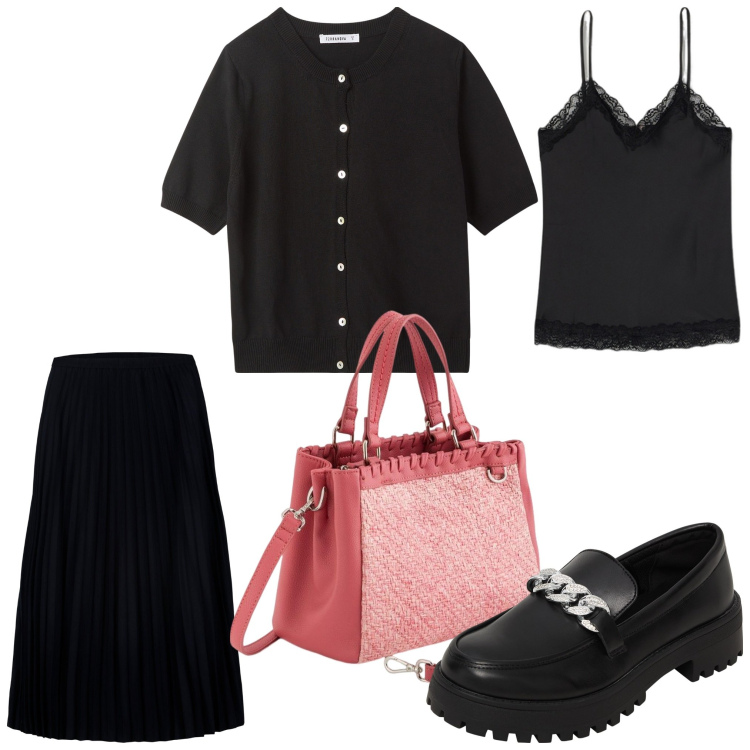 Outfit donna - Semplice. Stile Casual chic per Ufficio. Abbinamento con mocassini, cardigans, gonne longuette, top, borse a mano.