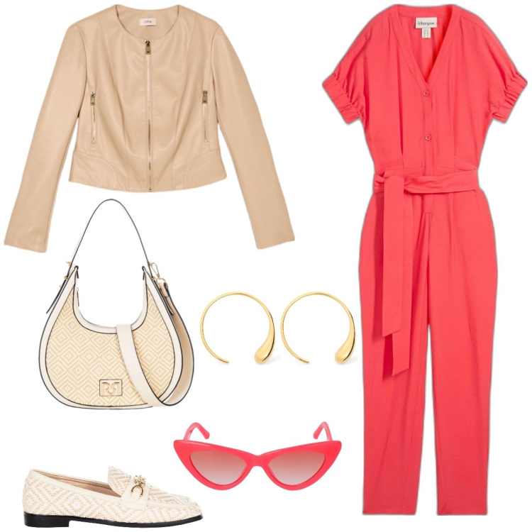 Outfit donna - La tuta corallo. Stile Casual chic per Tutti i giorni. Abbinamento con tute, mocassini, borse a mano, orecchini, occhiali da sole, giacche.