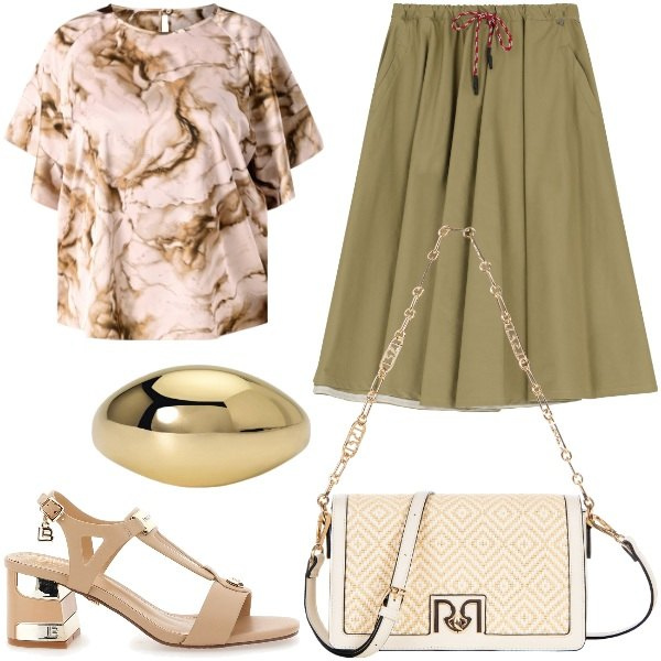 Outfit donna - Curvy Gonne a trapezio e bluse leggere. Stile Glamour per Tutti i giorni. Abbinamento con anelli, borse a tracolla, bluse, gonne longuette, sandali col tacco.
