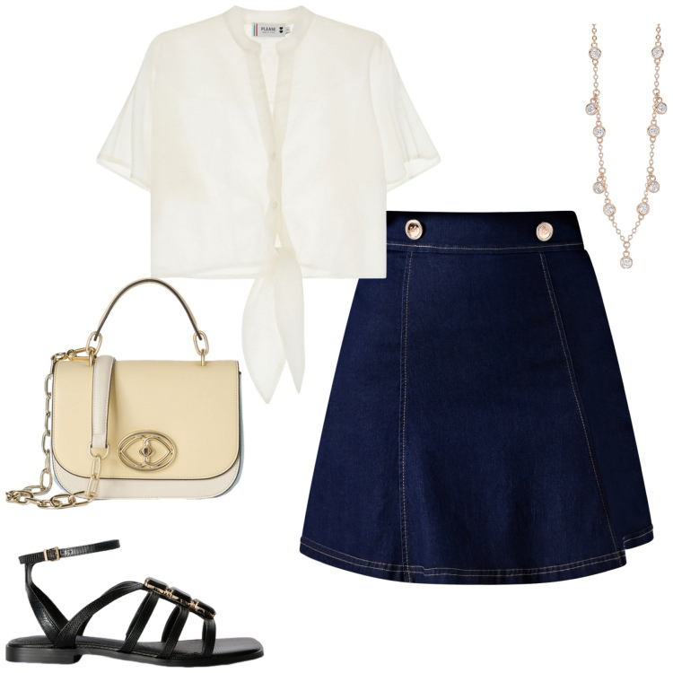 Outfit donna - La camicia corta. Stile Casual chic per Tutti i giorni. Abbinamento con collane, minigonne, camicie a manica corta, sandali gioiello, borse a tracolla.