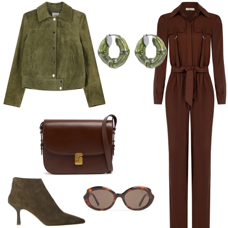 Outfit donna - La tuta cioccolato. Stile Casual chic per Tutti i giorni. Abbinamento con stivaletti, giacche, tute, orecchini, occhiali da sole, borse a spalla.