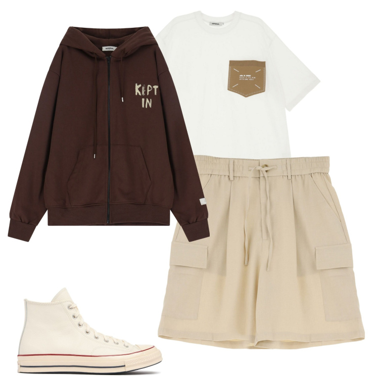 Outfit uomo - City. Stile Casual per Tutti i giorni. Abbinamento con t-shirt, bermuda, felpe con cappuccio, sneakers.