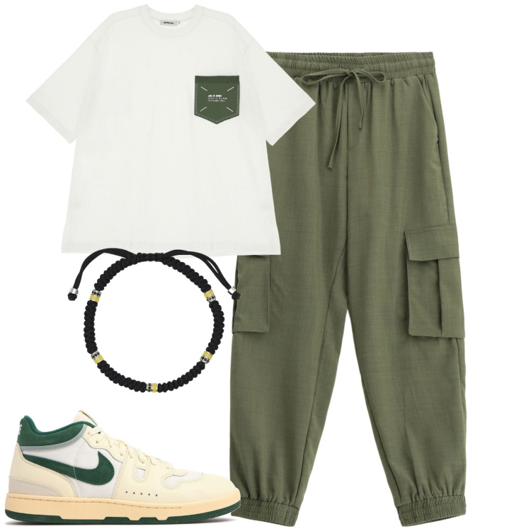 Outfit uomo - Corsi e ricorsi. Stile Casual per Tutti i giorni. Abbinamento con braccialetti, t-shirt, pantaloni cargo, sneakers.