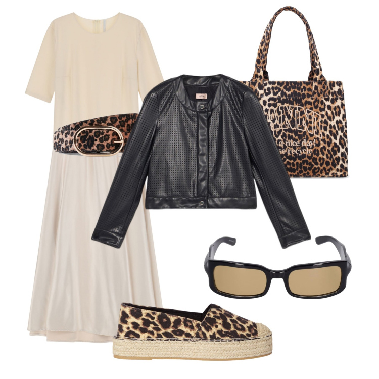 Outfit donna - Animalier city time. Stile Trendy per Tutti i giorni. Abbinamento con cinture, espadrillas, vestiti midi/longuette, shopping bag, occhiali da sole, giacche.