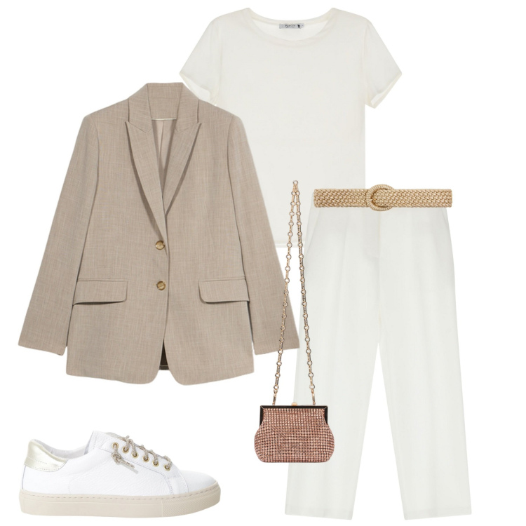Outfit donna - Cerimonia informale. Stile Casual chic per Cerimonia. Abbinamento con cinture, t-shirt, pantaloni, sneakers, clutch, blazer.