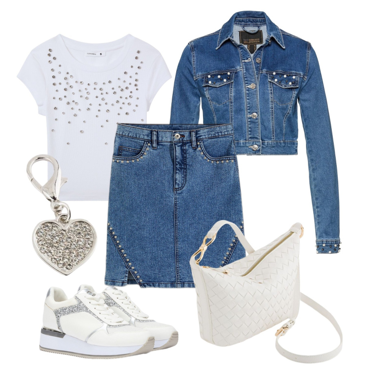 Outfit donna - Denim, glitter, strass, borchie !. Stile Casual per Tutti i giorni. Abbinamento con minigonne, blazer, t-shirt, borse a tracolla, sneakers, portachiavi.