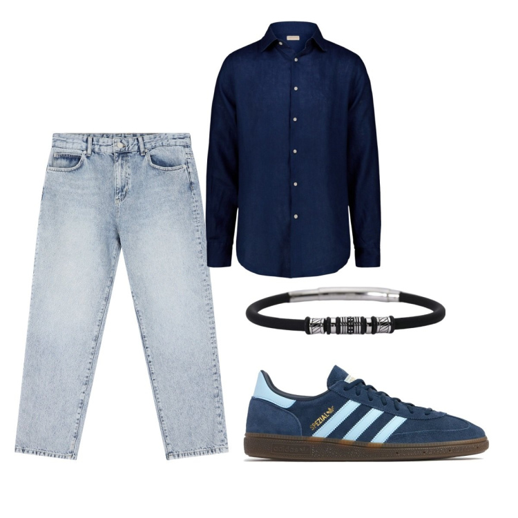 Outfit uomo - Aprile. Stile Casual per Tutti i giorni. Abbinamento con braccialetti, jeans dritti, camicie, sneakers.