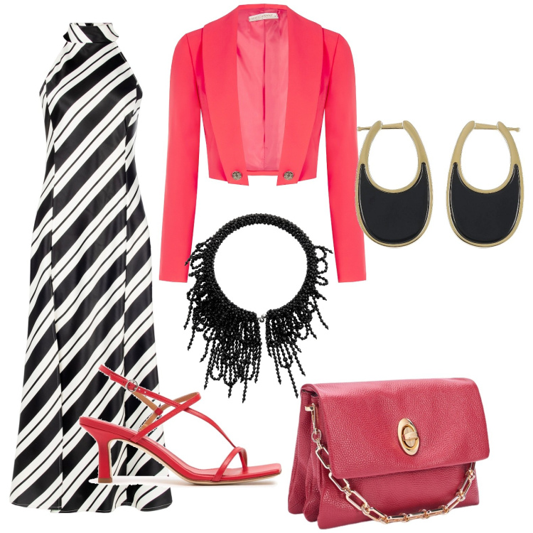 Outfit donna - Serata romantica. Stile Chic per Serata fuori. Abbinamento con bolero, vestiti, orecchini, collane, borse a tracolla, sandali in pelle.