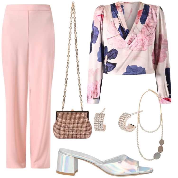 Outfit donna - Invito a nozze. Stile Chic per Cerimonia. Abbinamento con sandali in pelle, orecchini, bluse, pantaloni, clutch, collane.