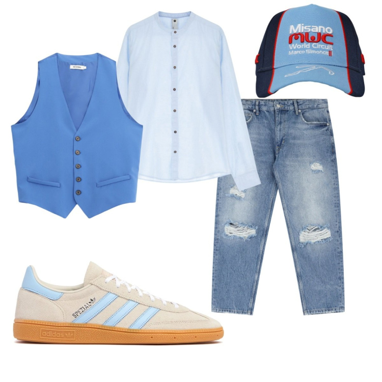 Outfit uomo - Il gilet primaverile. Stile Casual per Tutti i giorni. Abbinamento con cappelli, camicie, jeans strappati, gilet, sneakers.