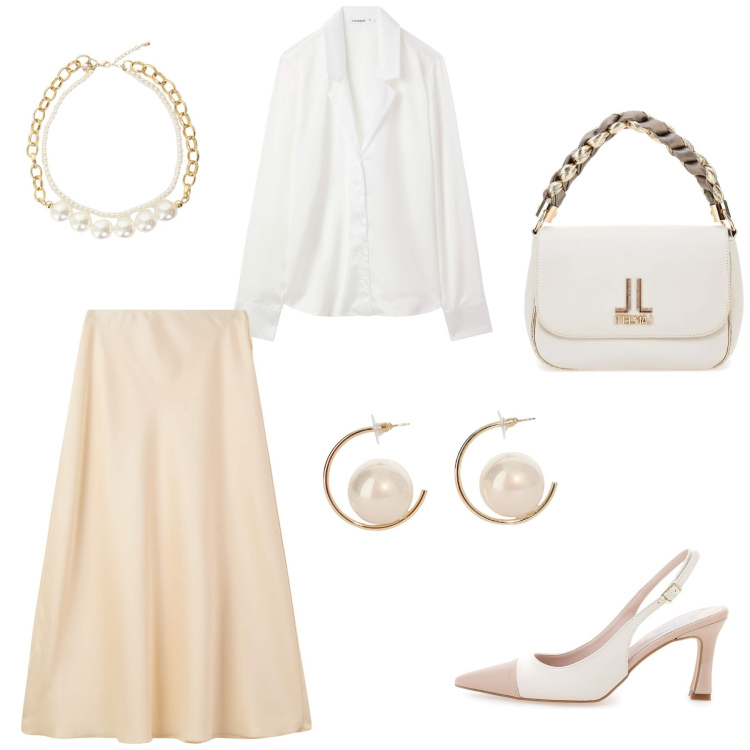 Outfit donna - Total look #2114364. Stile Minimal per Ufficio. Abbinamento con gonne lunghe, bluse, collane, orecchini, décolleté, borse a tracolla.