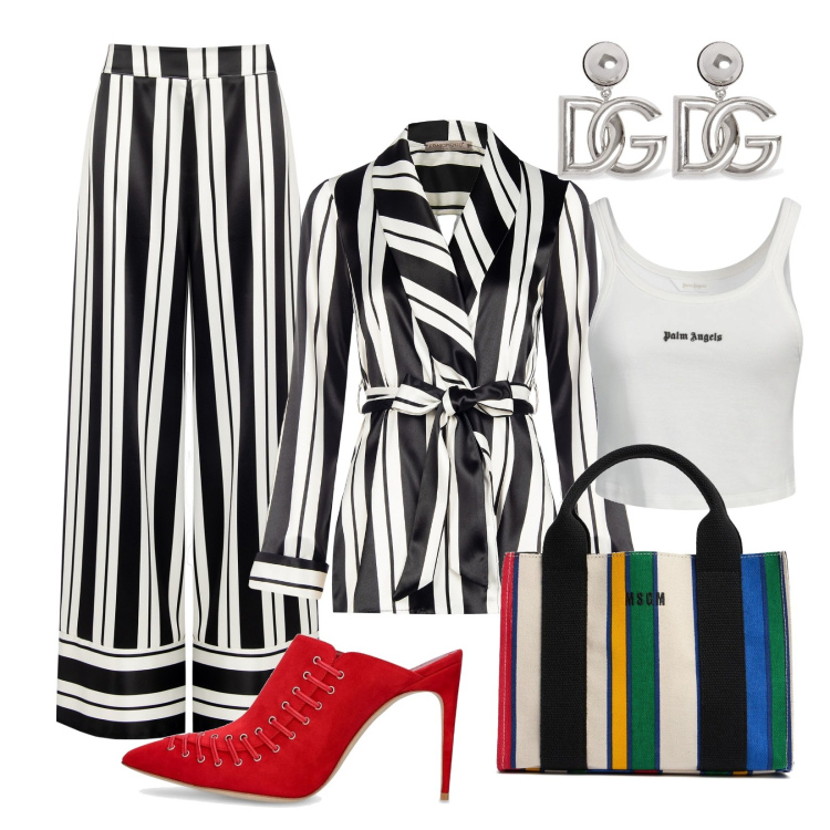 Outfit donna - Fantasia di righe. Stile Chic per Serata fuori. Abbinamento con canottiere, pantaloni a palazzo, blazer, orecchini, pantofole, shopping bag.
