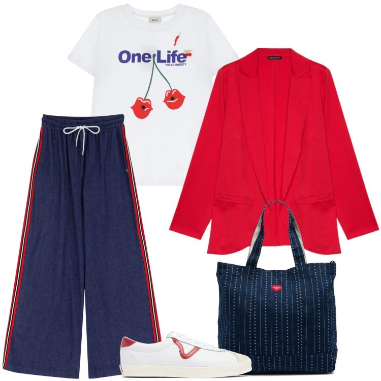 Outfit donna - Stile Athleisure in giacca. Stile Sporty chic per Tutti i giorni. Abbinamento con pantaloni a palazzo, t-shirt, blazer, sneakers, borse tote.