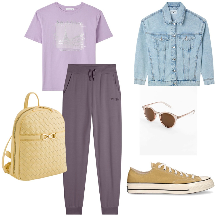 Outfit donna - Total look #2114381. Stile Casual per Sport. Abbinamento con occhiali da sole, t-shirt, cappotti, pantaloni, sneakers, zaini.
