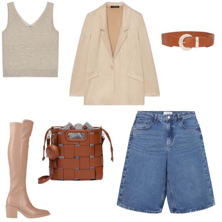 Outfit donna - Total look #2114383. Stile Casual chic per Tutti i giorni. Abbinamento con stivali, bermuda, canottiere, blazer, borse a secchiello, cinture.