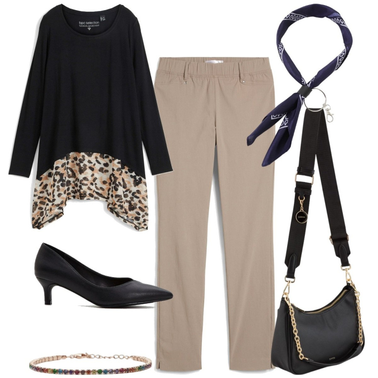 Outfit donna - Sopra la 50 - ufficio. Stile Casual chic per Ufficio. Abbinamento con maglieria, pantaloni, décolleté, braccialetti, foulard, borse a tracolla.