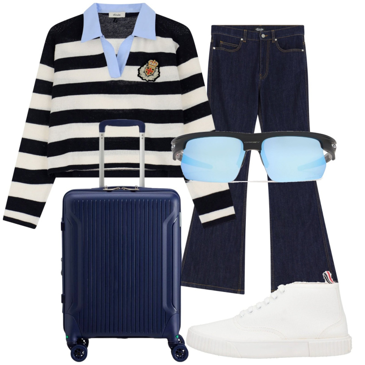 Outfit donna - Total look #2114394. Stile Casual per Tutti i giorni. Abbinamento con sneakers alte, jeans a zampa, maglieria, occhiali da sole, valigie.