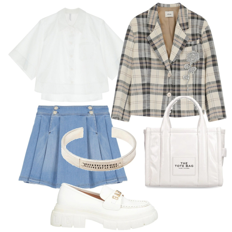 Outfit donna - Total look #2114397. Stile Preppy per Tutti i giorni. Abbinamento con mocassini, braccialetti, minigonne, camicie a manica corta, blazer, shopping bag.