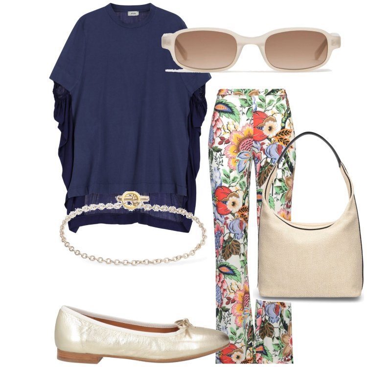 Outfit donna - Aperitivo in primavera. Stile Trendy per Tutti i giorni. Abbinamento con ballerine, pantaloni, t-shirt, braccialetti, occhiali da sole, borse a spalla.