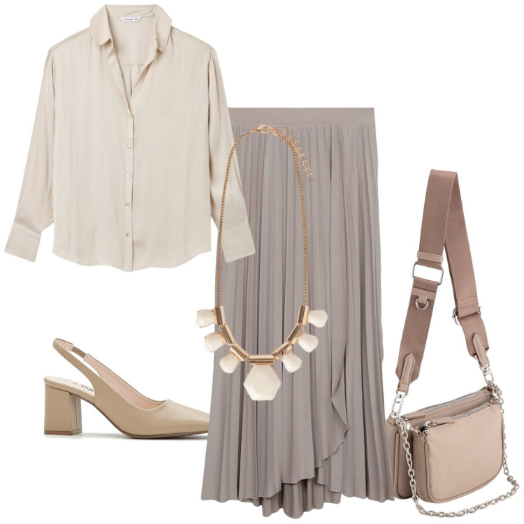 Outfit donna - Gonna e camicia. Stile Casual chic per Ufficio. Abbinamento con décolleté, gonne lunghe, camicie, pochette, collane.