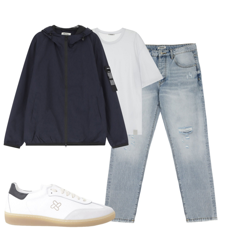 Outfit uomo - Total look #2114406. Stile Casual per Tutti i giorni. Abbinamento con giacche, jeans strappati, t-shirt, sneakers.