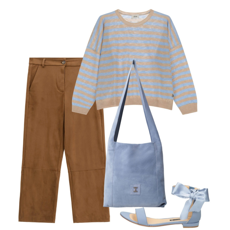 Outfit donna - Coi fiocchi. Stile Basic per Tutti i giorni. Abbinamento con sandali in pelle, pantaloni, borse a tracolla, maglieria.
