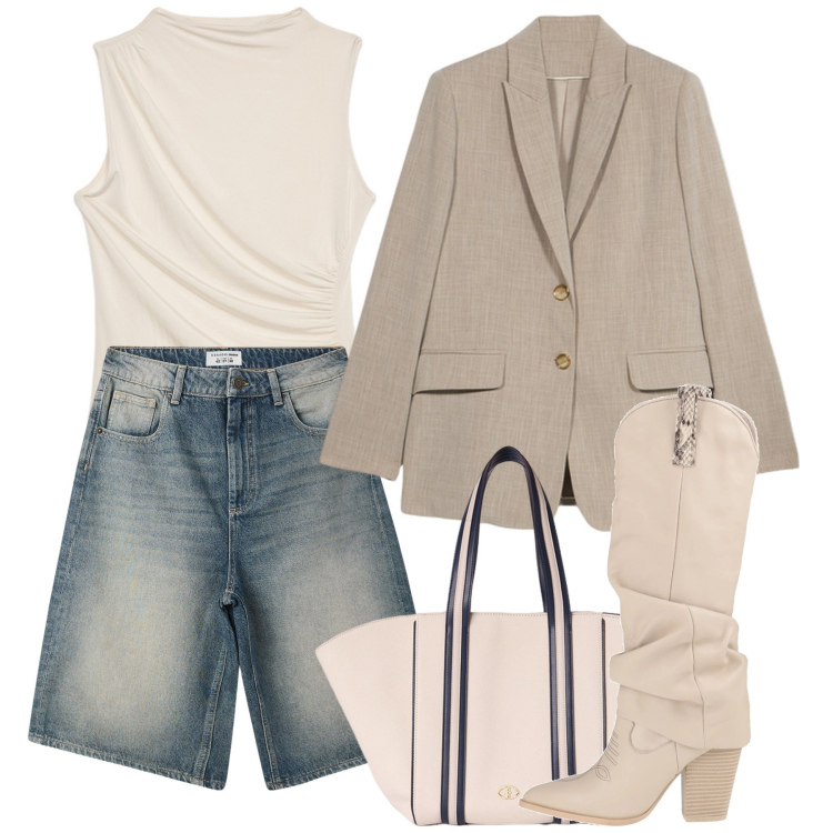 Outfit donna - Audace ad aprile. Stile Trendy per Tutti i giorni. Abbinamento con stivali, bermuda, shopping bag, top, blazer.