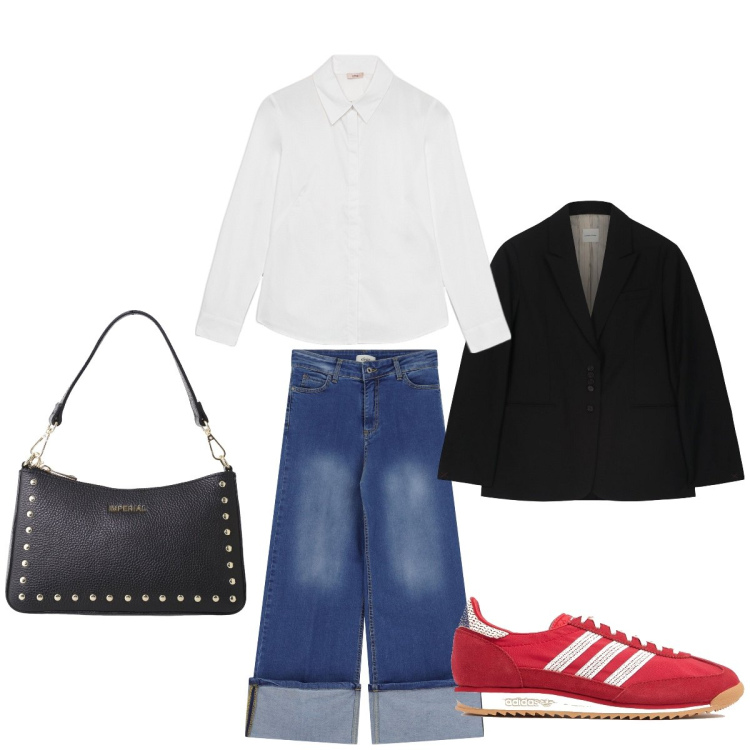 Outfit donna - Cena fuori informale. Stile Casual per Serata fuori. Abbinamento con borse a spalla, jeans dritti, blazer, sneakers, camicie.
