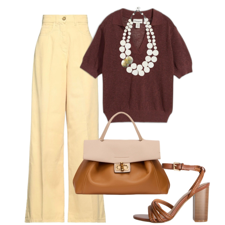 Outfit donna - Cream. Stile Bon Ton per Tutti i giorni. Abbinamento con pantaloni, polo, ciondoli, sandali col tacco, borse a tracolla.
