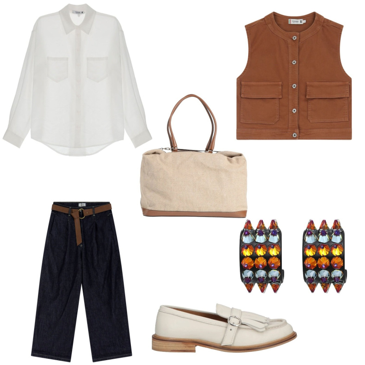 Outfit donna - Cena con amici. Stile Casual per Serata fuori. Abbinamento con orecchini, mocassini, borse a mano, gilet, camicie, jeans.