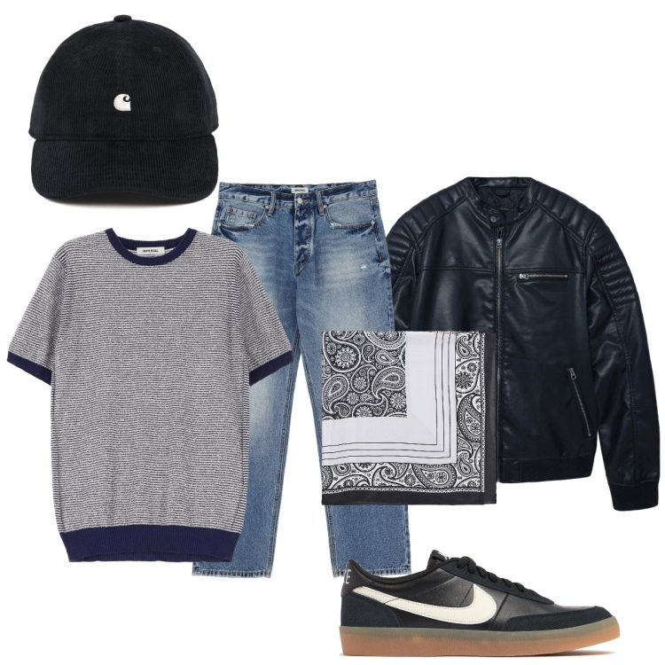 Outfit uomo - Total look #2114453. Stile Trendy per Tutti i giorni. Abbinamento con giacche, jeans, maglieria, sciarpe e foulard, sneakers, cappelli.