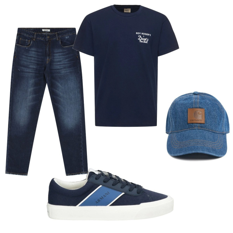 Outfit uomo - Total look #2114464. Stile Casual per Tutti i giorni. Abbinamento con sneakers, jeans dritti, cappelli, t-shirt.