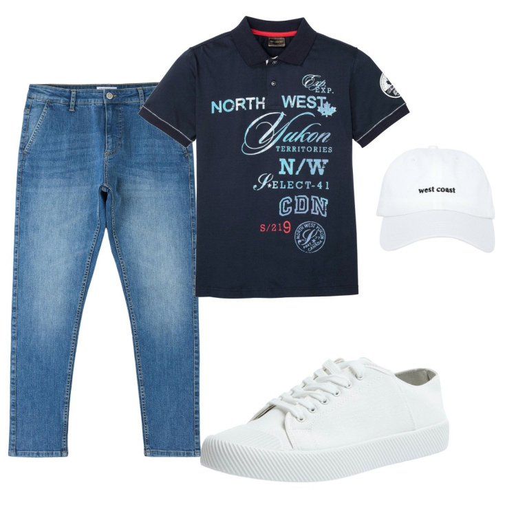 Outfit uomo - Casual con gli amici. Stile Casual per Tutti i giorni. Abbinamento con polo, cappelli, jeans skinny, sneakers.