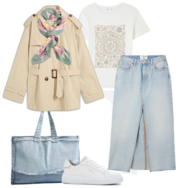 Outfit donna - In città. Stile Casual chic per Tutti i giorni. Abbinamento con trench, sneakers, shopping bag, t-shirt, gonne lunghe, foulard.