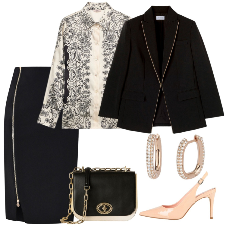 Outfit donna - Una sera elegante. Stile Chic per Serata fuori. Abbinamento con décolleté, orecchini, gonne, camicie, blazer, borse a tracolla.