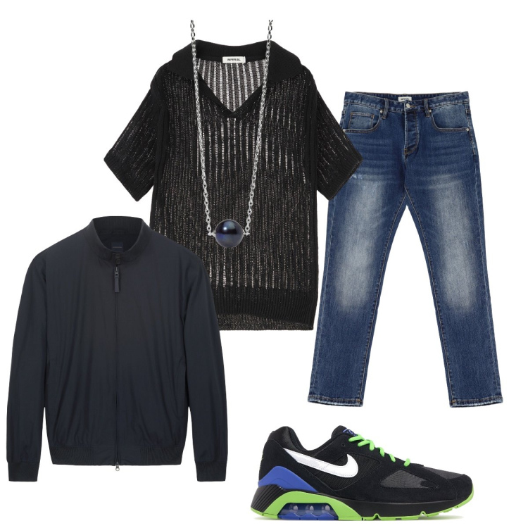 Outfit uomo - Total look #2114521. Stile Trendy per Tutti i giorni. Abbinamento con collane, maglieria, jeans dritti, bomber, sneakers.